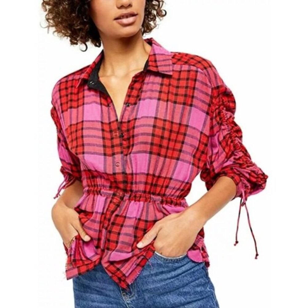 Free People Women's Pacific Dawn Plaid Top Red Combo Size S